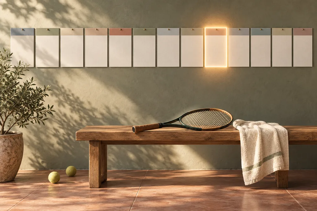 Un calendrier mural dont une fenêtre glissante met en évidence douze mois, à côté d'une raquette posée sur un banc.