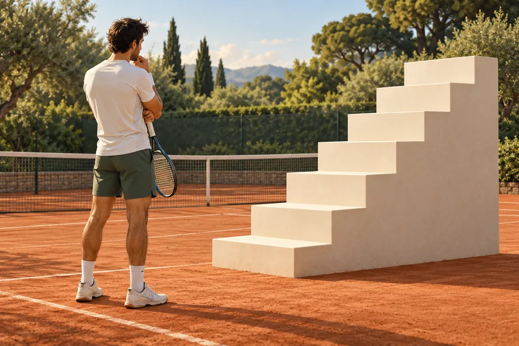 Un joueur de tennis amateur regarde un tableau d'échelons de classement posé au bord d'un court en terre battue.