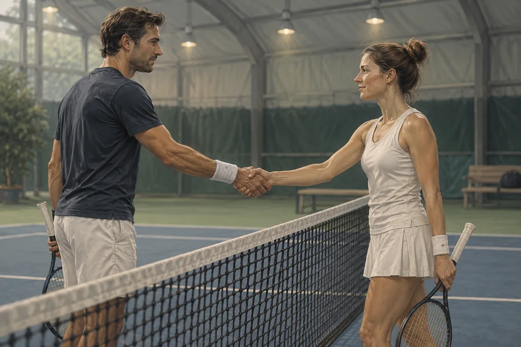 Deux joueurs de tennis se serrent la main au filet après un match serré sur un court couvert.